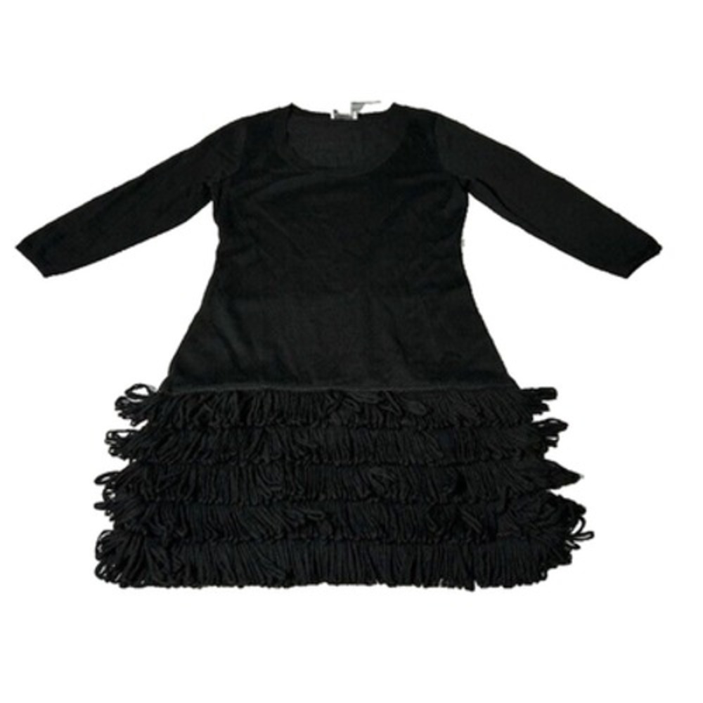 Soft Surroundings Womens Sweater Dress Theodora Fringe Tiered Knit Black Size PM